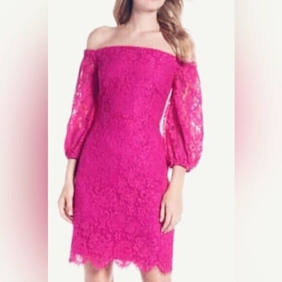 Trina Turk Azul Off The Shoulder Lace Dress in Brilliant Fushia Women's Size 12 - Picture 2 of 11